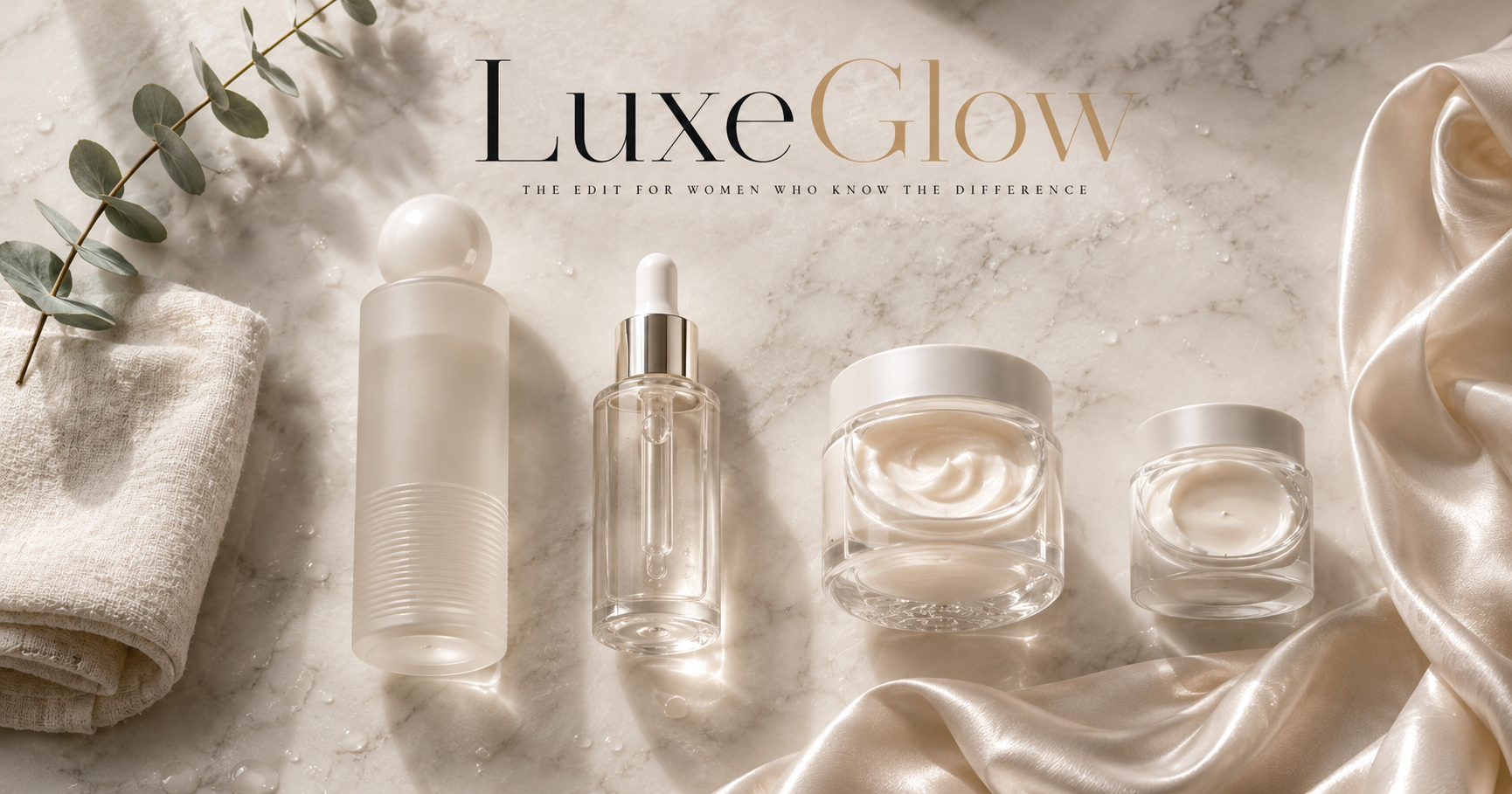 Flat-lay of a luxury skincare routine in order from essence to serum to moisturizer on pale marble with ivory silk