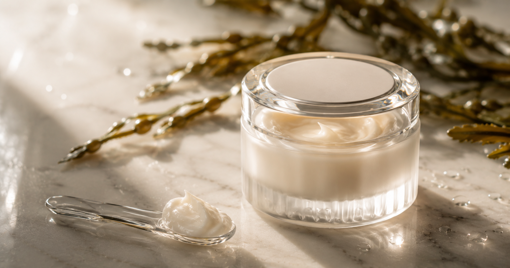 Frosted-glass cream jar with polished lid on pale marble beside a glass spatula of rich cream and golden sea kelp