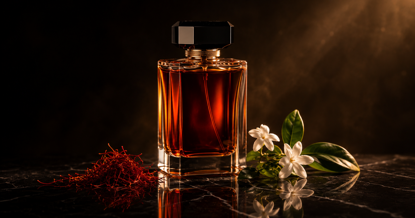 Minimalist perfume bottle with glowing amber-red liquid on black marble beside crimson saffron threads and white jasmine