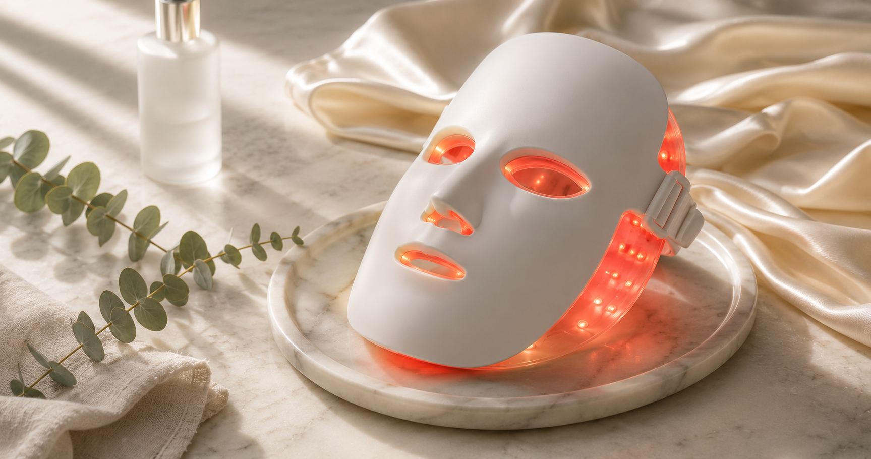 Modern matte white LED face mask glowing red on a round marble tray with a frosted glass bottle, eucalyptus, and linen
