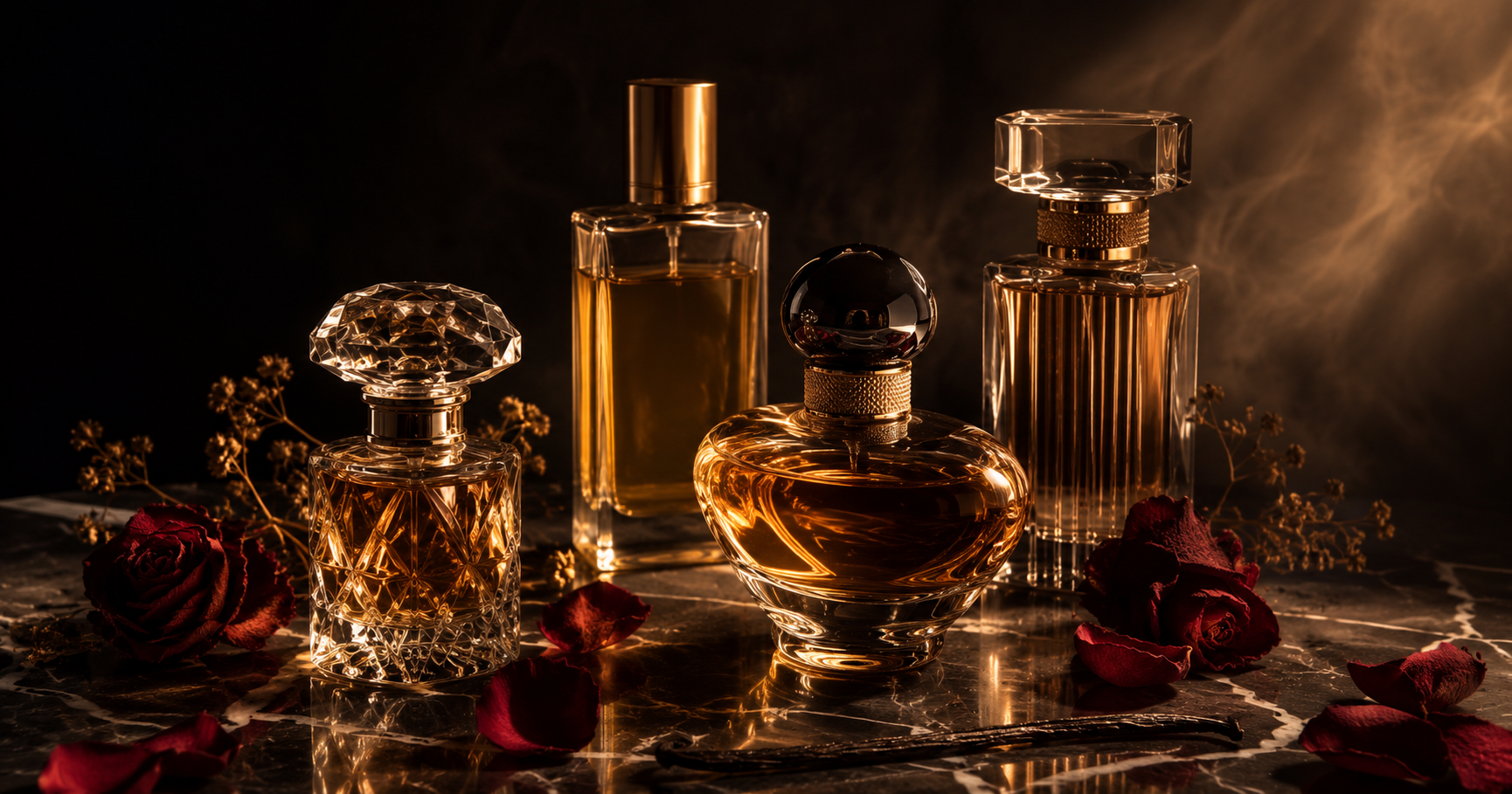 Four elegant perfume bottles of varying shapes on dark veined marble with red rose petals, botanicals, and a vanilla pod