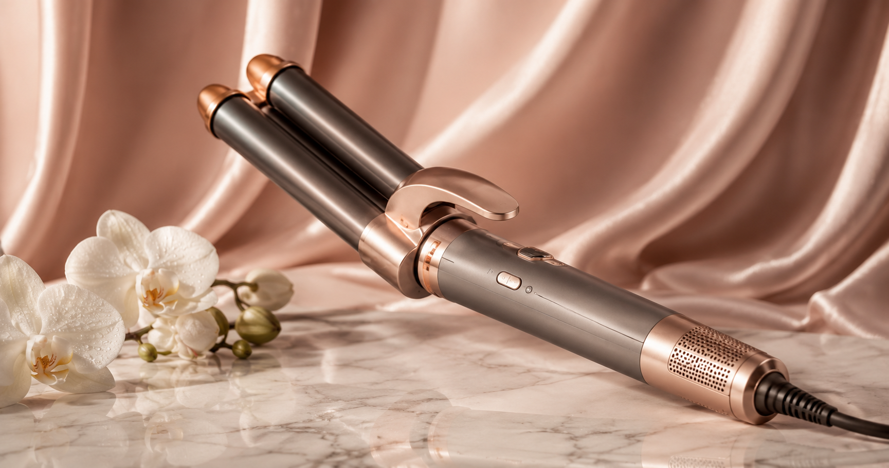 Premium rose-gold and graphite hair styler with curved attachments on white marble with blush silk and a white orchid